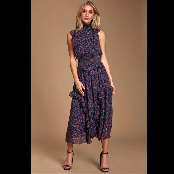 evalina navy blue floral print mock neck midi dress Martha main image 0